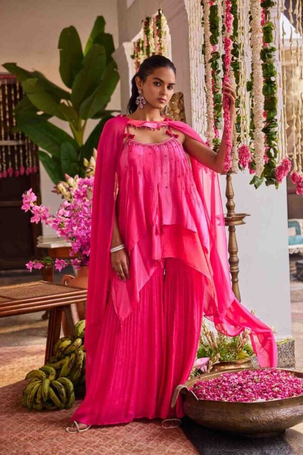 Pink Silk Printed Peplum Set With Palazoo